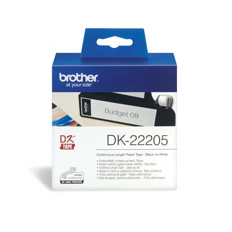 Rotolo di etichetta continua in carta adesiva nero/bianco Brother 62 mm x 30,48 mt - DK22205